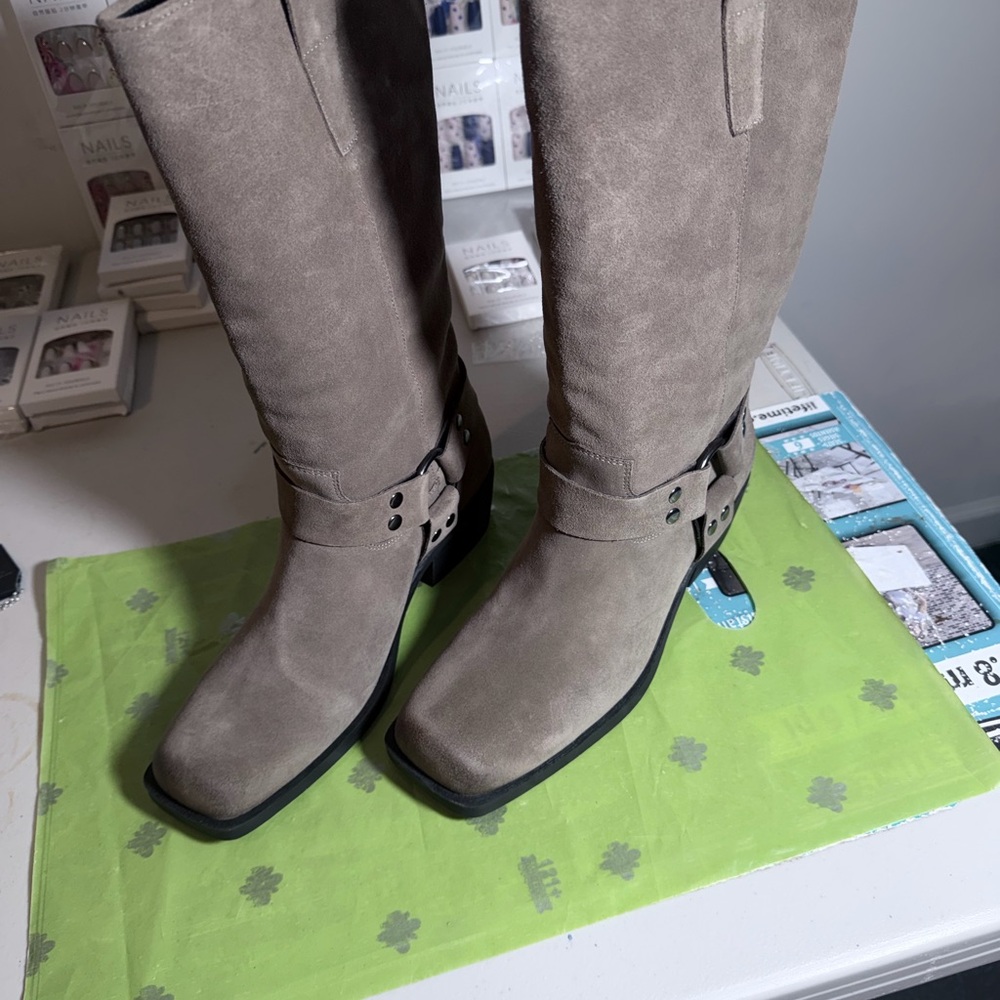 Steve Madden Taupe Suede Over-the-Knee Harness Boots with Square Toe NWOT